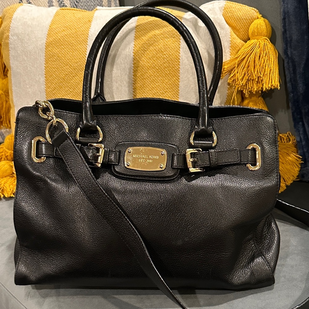 Michael Kors Black Leather Satchel with Gold Accents